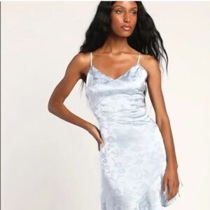 Lulus Love it light blue satin floral jacquard asymmetrical midi dress
